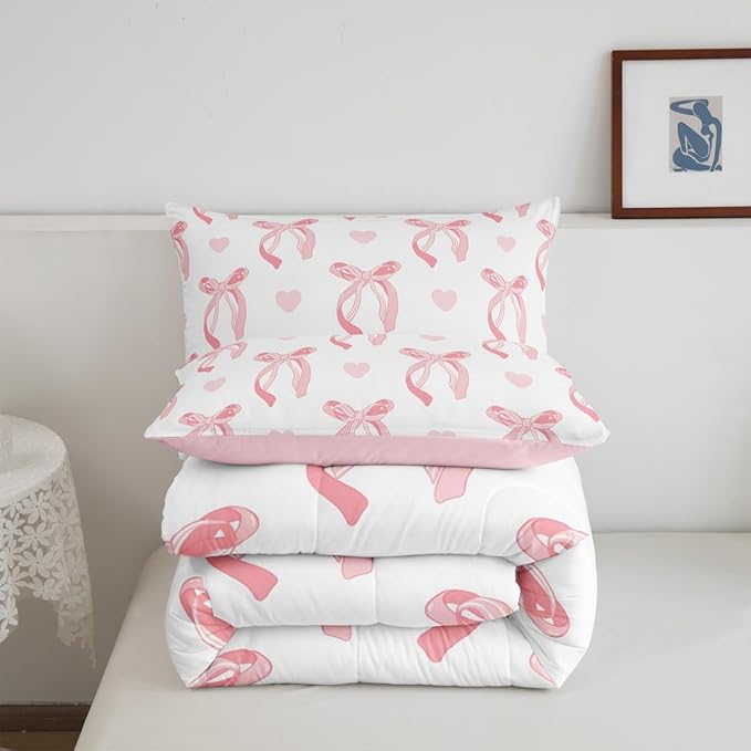 jejeloiu Cute Pink Bow Bedding Set Queen Size Ribbon Bow Comforter Set for Kids Women Cartoon Love Heart Duvet Set Pink White Quilt Set 3Pcs