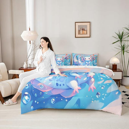 Feelyou Cartoon Salamander Twin Comforter Set with Sheets for Kids Boys Girls Cute Axolotl 7 Pieces Bedding Set Kawaii Ocean Sealife Bed in a Bag Gift for Girls Women Room Lightweight Microfiber