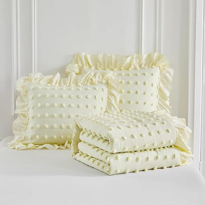 Tufted Dots Ruffle Comforter Set Full/Queen Size, 3 Pieces Yellow Vintage Farmhouse Shabby Chic Comforters, Jacquard Boho Bohemian Bedding Set for All Season (1 Ruffled Comforter+ 2 Pillow Shams)