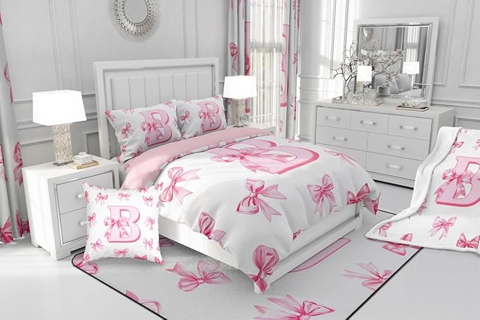 Erosebridal Pink Bowknot Toddler Bedding Set for Girls,Initial Letter B Comforter Set for Kids Teen Women Room Decor,Pink Monogrammed Bedding Comforter Sets Dreamy Princess Bow Quilt Duvet