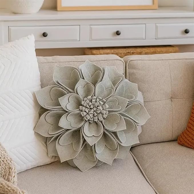Fennco Styles Handmade 3D Heart-Shaped Petals Flower Decorative Filled Throw Pillow 13" Round - Grey Floral Pillow for Couch, Home Décor and Holiday, Housewarming Gift