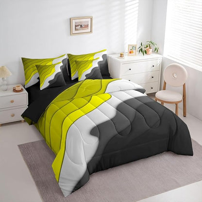Yellow Grey Black Ombre Bedding King Size 7-Piece Kids Teens Adults Geometric Stripe Comforter Set, Aesthetic Wave Bedding Comforter Sets Modern Abstract Bed in a Bag, Gradient Bedding Accessories