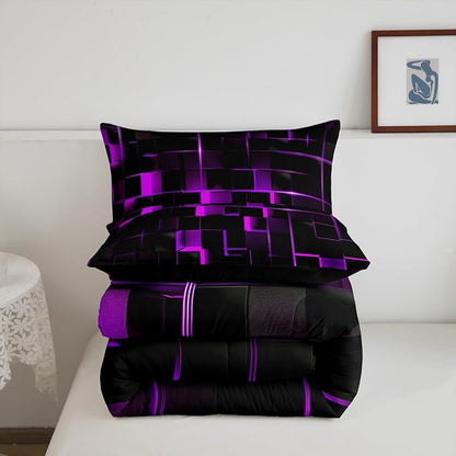 Erosebridal Geometric Violet Black Comforter Set,Light Honeycomb 3 Piece Bedding Set King Size for Teen Boys,Modern Bedding Quilt Decor,Microfiber Lightweight 1 Comforter 2 Pillowcases