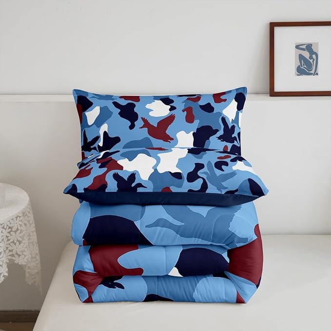 Erosebridal Duck Camo Comforter Set Queen Size Camouflage Bedding for Kids Hunting Farmhouse Camping Comforter Vintage Navy Blue Room Decor Wild Duck Rustic Animal Duvet Set