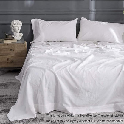 Simple&Opulence Belgian Linen Sheet Set Solid Color - 4 Pieces (1 Flat Sheet, 1 Fitted Sheet & 2 Pillowcases) Natural Flax Cotton Blend Soft Breathable Farmhouse Bedding - Queen Size, White