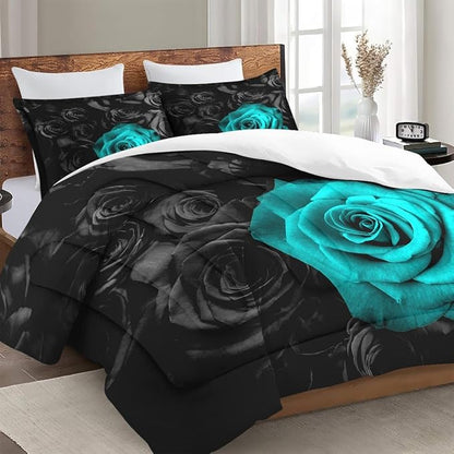 Full Size Comforter Set with 2 Pillowcases, Cyan Rose Flower 3 Pcs Bedding for Kids and Adults, Summer Vintage Floral Soft Comforter Set for Bedroom Bed Decor