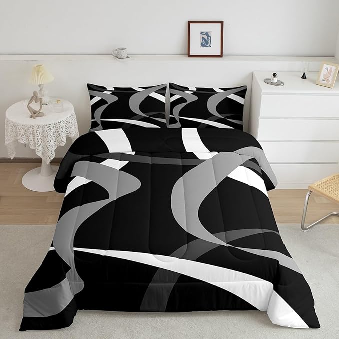 Erosebridal Black White Grey Bedding Comforter Sets Dark Gray Striped Abstract Bedding Set Queen for Boys Teen Men Geometric Stripes Down Comforter Modern Fashion Quilt Duvet