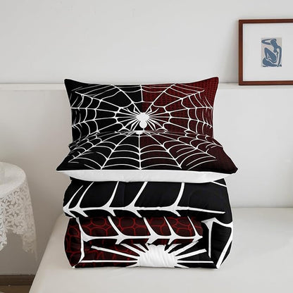 Spider Web Comforter Set Queen Size, Black and Red Halloween Bedding Set 3pcs, White Spider Arachnid Insect Animal Down Comforter for All Season, Kids Boys Teens Room Decor, 2 Pillowcases, No Sheets