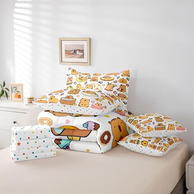 Capybara 7 Pcs Bedding Set Queen Size,Cartoon Cute Capybaras Bed in a Bag,Funny Rodent Animal Bed Set Includes Comforter,Sheet Set,Pillowcases & Pillow Covers,Stars Hearts Desserts Bedroom Decor