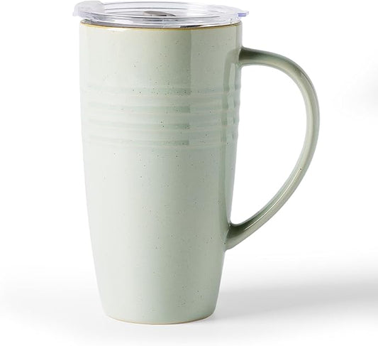 famiware Jupiter Large Coffee Mug, 20oz Coffee Mug with Lid, Ceramic Cup with Handle for Latte, Tea, Cocoa, Milk, Home & Office, Microwave and Dishwasher Safe, Light Green