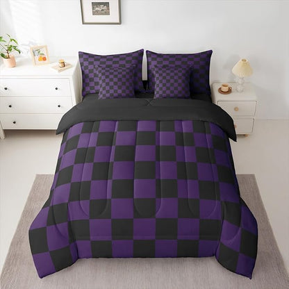 Feelyou Checkered Twin Comforter Set with Sheets for Kids Boys Girls Purple Black Plaid 7 Pieces Bedding Set Cute Retro Neutral Checkerboard Geometric Bed in a Bag Vintage Aesthetic Room Decor Soft