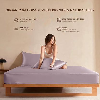 THXSILK Luxury Mulberry Silk Bed Sheets Set - 4pcs Silk Sheets Set 16" Deep Pocket - 1 Flat Sheet, 1 Fitted Sheet, 2 Pillowcases with Zipper Closure - Queen, Light Purple