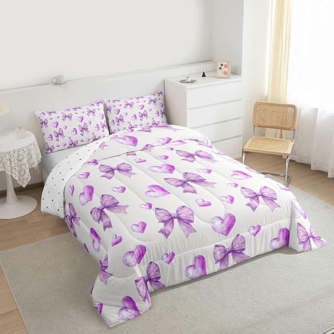 Erosebridal Purple Bow Girls Bedding Set with Sheets Full Ribbon Bowknot Comforter Set for Kids Teen Girls Women Bedroom Dreamy Princess Coquette Comforter Trendy Preppy Bows Quilt Duvet