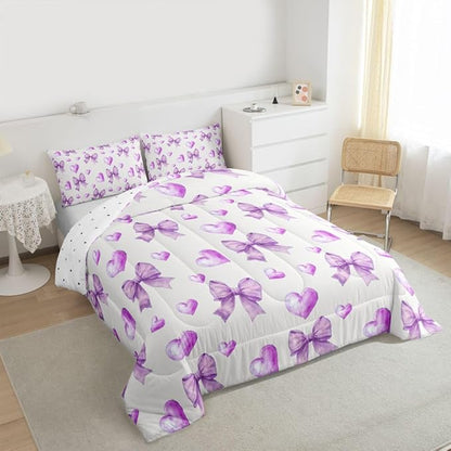 Erosebridal Purple Bow Girls Bedding Set with Sheets Full Ribbon Bowknot Comforter Set for Kids Teen Girls Women Bedroom Dreamy Princess Coquette Comforter Trendy Preppy Bows Quilt Duvet