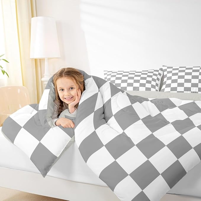 Feelyou Checkered Retro Comforter Set All Season Grey Plaid Bedding Set with 2 Pillow Cases Geometric Vintage Kids Queen Bedclothes Modern Simple Groovy Aesthetic Bedroom Decor Duvet Quilt
