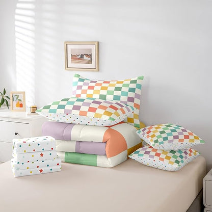 Feelyou Multicolored Checkered Retro 7 Piece Bedding Set Kids Boys Geometric Vintage Comforter Set with Sheets King Size Green Yellow Colorful Bed in a Bag Modern Simple Groovy Aesthetic Room Decor