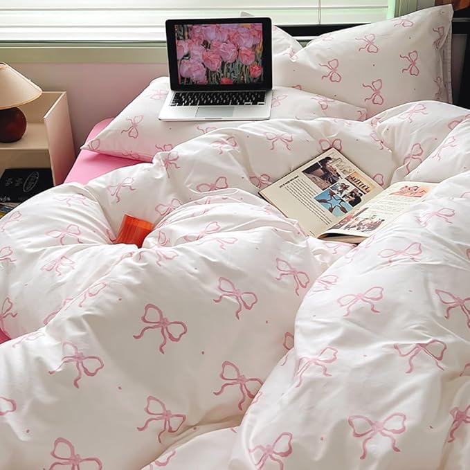 Nayoroom Pink Bow Comforter Set Queen Size Polka Dot Bowknot Printed Cute Comforter 3 Pieces Soft Lightweight Kids Girls Dorm Bedding Set for All Seasons