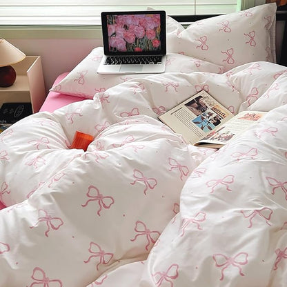 Nayoroom Pink Bow Comforter Set Full Size Polka Dot Bowknot Printed Cute Comforter 3 Pieces Soft Lightweight Kids Girls Dorm Bedding Set for All Seasons