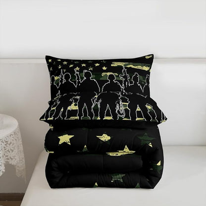 American Flag Comforter Set Full for Boy Teen ArmyGreen Camouflage Down Comforter Adult Men Soldier Silhouettes Quilted Duvet Military Style Camo Bedding Comforters, 1 Comforter Set + 2 Pillowcases