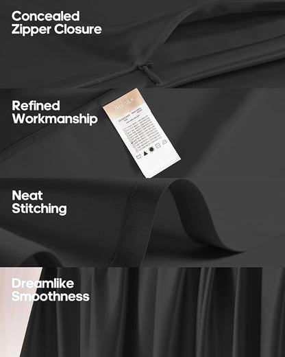 THXSILK Silk Sheet Set 4 Pcs, King Size Sheet Set, Cooling Soft Breathable Bed Sheets with 1 Flat Sheet, 1 Fitted Sheet, 2 Pillowcases with Zipper Closure, Black