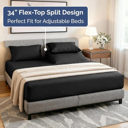 Flex Top Split Head King 4 Piece Sheet Set - Comfy Breathable & Cooling Bed Sheets Set - Hotel Luxury Bedding for Women, Men, Kids, Teens, Boys & Girls - Deep Pockets, Ultra-Soft - Oeko-Tex - Black