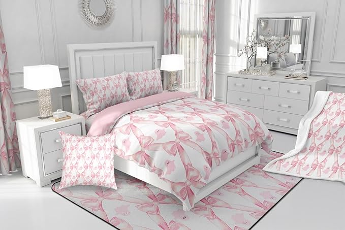 Erosebridal Pink Bow Kids Comforter Sets,Kwaii Bowknot Ribbon Qeen Bedding Set for Girls,Cute Ghost Print Down Comforter Geometric Check Bow Tie Bed Set Room Decor 3 Pcs