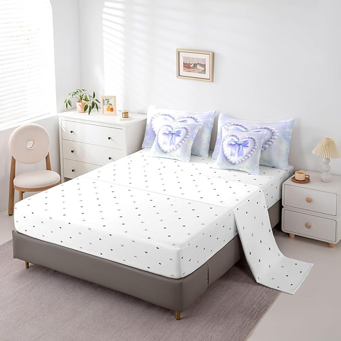 jejeloiu Girls Silk Bow 7 Piece Bedding Set King Size Purple Pearl Comforter Set with Sheets for Kids Women Princess Style Bed in a Bag Purple Ombre Bed Set