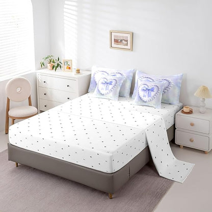 jejeloiu Girls Silk Bow 7 Piece Bedding Set King Size Purple Pearl Comforter Set with Sheets for Kids Women Princess Style Bed in a Bag Purple Ombre Bed Set