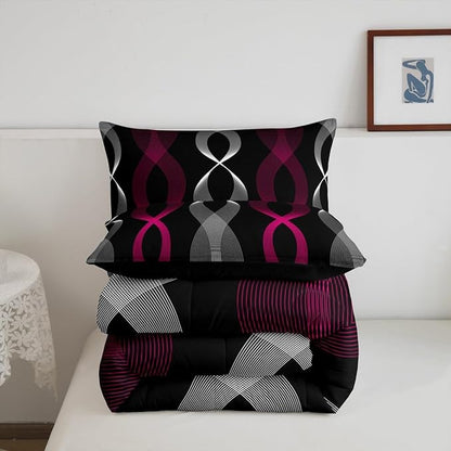 Erosebridal Girls Fuchsia and Black Abstract Queen Comforter Set, Fuchsia Striped Bedding Set for Women Teens Bedroom, Contemporary Boho Modern Art Comforter, Geometric Stripes Aesthetic Line Quilt