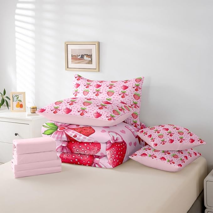 Erosebridal Bowknot Strawberry Pink Girls King 7-Piece Comforter Set | Love Hearts Kawaii Sheets and Pillowcases Cute Fruits Bow Bed in A Bag Kids Girly Women Bed Sets