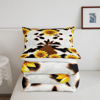 Erosebridal Cow Print Comforter Set for Kids Boys Girls,White Brown Black Cowhide Sunflower Bedding Set,Yellow Highland Fur Duvet Insert,Farmhouse Western Animal Down with 2 Pillowcases,King
