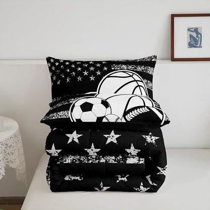 Feelyou Basketball Sports Comforter Set King Size Ball Game Comforter for Boys Girls Teens Football Bedding Set Baseball Duvet Set Room Decor Balck White Mixed Ball Quilt Set
