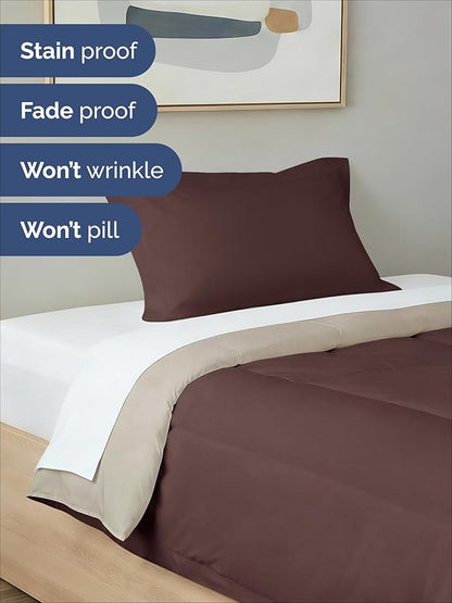Twin Comforter Set - 2 Piece Bed Set for All Seasons - 1 Soft Quilted Comforter with Corner Tabs & 1 Pillow Sham - Comfy and Breathable - Premium Down Duvet Insert - Oeko-TEX - Twin Size, Brown/Beige
