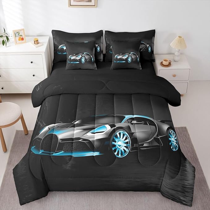 Sports Car 7 Piece Bedding Set Stylish Black Race Car Comforter Set with Sheets for Kids Boys Girls Extreme Sports Theme Bed in a Bag Cool Speed Luxury Car Decor Bed Set with 2 Pillowcases Queen