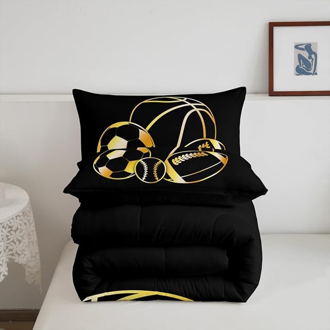Feelyou Football Sports Comforter Set Full Size Soccer Ball Game Comforter for Boys Girls Teens Basketball Bedding Set Baseball Duvet Set Room Decor Dull Black Mixed Ball Quilt Set