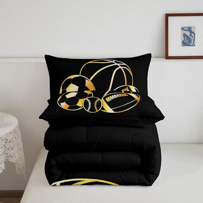 Feelyou Football Sports Comforter Set Twin Size Soccer Ball Game Comforter for Boys Girls Teens Basketball Bedding Set Baseball Duvet Set Room Decor Dull Black Mixed Ball Quilt Set