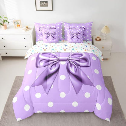 Feelyou Purple Bowknot 7 Piece Bedding Set Polka Point Comforter Set with Sheets for Kids Boys Girls Cute Bow Bed in a Bag Princess Theme Bed Set Soft Lightweight