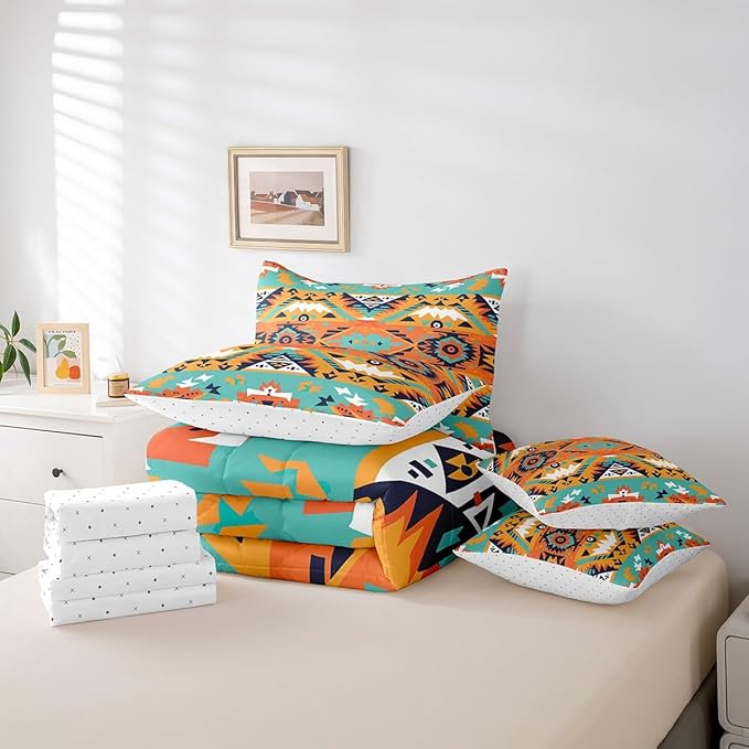 Erosebridal Aztec Bed in a Bag King Size Comforter Set 7 Pieces,Indian Tribe Geometric Bedding Sets Southwestern Native Sheet Set with Comforter