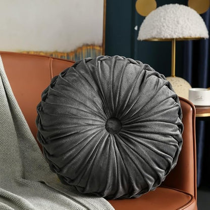 MOCOFO Round Velvet Throw Pillow, Pumpkin Shape Decorative Floor Cushion, Handcrafted Pleated Design, 14 and 16 Inch Diameter, Multiple Colors, Polyester Fill (Dark-Gray, 16")