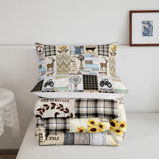 Patchwork Western Rustic Full Bedding Set Farmhouse Black White Buffalo Plaid Bedding Comforter Sets Retro Country Farm Animal Quilt Set For Kids Boys Girls,Windmill Pig Chicken Cow Comforter 3 Pcs