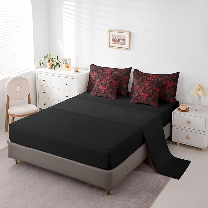 Erosebridal Gothic Damask 7 Piece Comforter Set Full Bed in a Bag,Sun Moon Tree of Life Bedding Sets Red Black Victorian Floral Goth Sheet Set with Comforter
