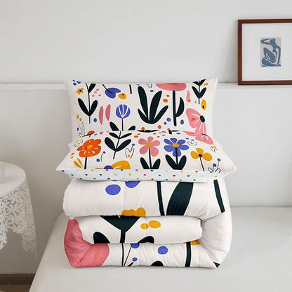 Hippie Floral Kids Comforter Set King Size,Vintage 70s Retro Bohemian Reversible Bedding Set All Season Quilt Set,Groovy Flowers Plant Cartoon Sketch Soft Warm Polyester Down Comforter