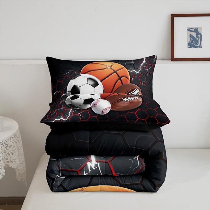 Feelyou Basketball Comforter Set Full Size Rugby Sports Comforter for Boys Girls Teens Football Bedding Set Baseball Duvet Set Room Decor Balck Red Mixed Ball Quilt Set