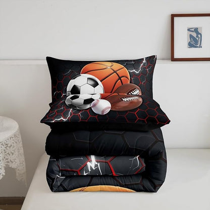 Feelyou Basketball Comforter Set Full Size Rugby Sports Comforter for Boys Girls Teens Football Bedding Set Baseball Duvet Set Room Decor Balck Red Mixed Ball Quilt Set