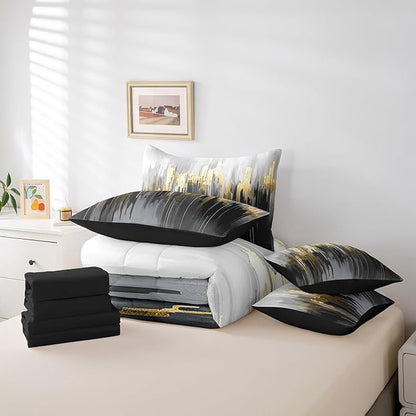Black Grey Bedding Comforter Sets 7pcs Greyish White Painting Bed in a Bag Gradient Abstract Chic Vintage Twin Bedding Sets Ombre Graffiti Comforter Set, Contemporary Modern Bedding Sets & Collections
