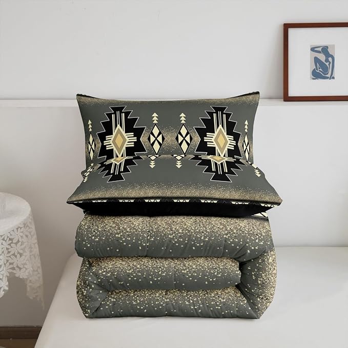 Erosebridal Toddler Southwestern Aztec Comforter Set, Rustic Western Bedding Set, Exotic American Native Bedding Comforter Sets for Boys Teens Men Bedroom, Farmhouse Ethnic Geometric Quilt,Gray Black