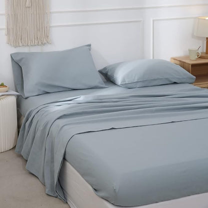 Simple&Opulence Belgian Linen Sheet Set Solid Color - 4 Pieces (1 Flat Sheet, 1 Fitted Sheet & 2 Pillowcases) Natural Flax Cotton Blend Soft Breathable Farmhouse Bedding - Full Size, Dusty Blue