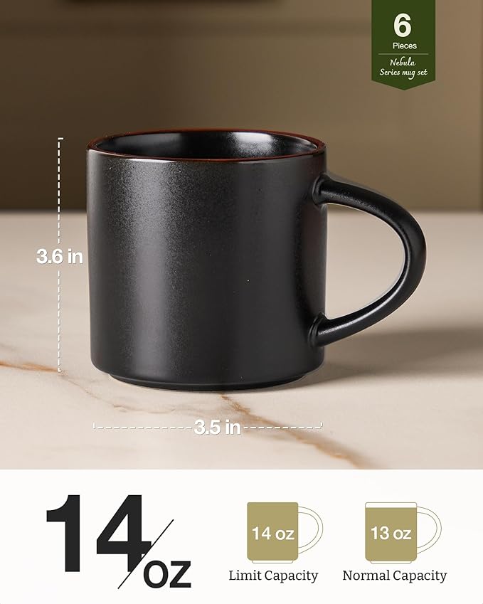 famiware Coffee Mugs Set of 6, Nebula 14oz Coffee Mugs, Ceramic Cup Set with Handle for Latte, Tea, Milk, Cappuccino, Cocoa, Matte Black