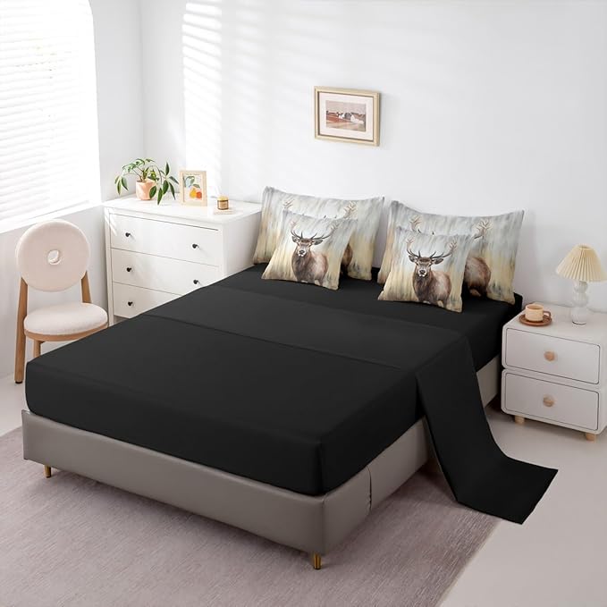 Erosebridal Cute Deer 7 Pieces Bedding Set King Size | Hunting Deer Comforter Set with Sheets for Kids Boys Girls Rustic Cabin Bed in A Bag with Flat Fitted Sheets Antler Moose Wild Animal Bed Sets