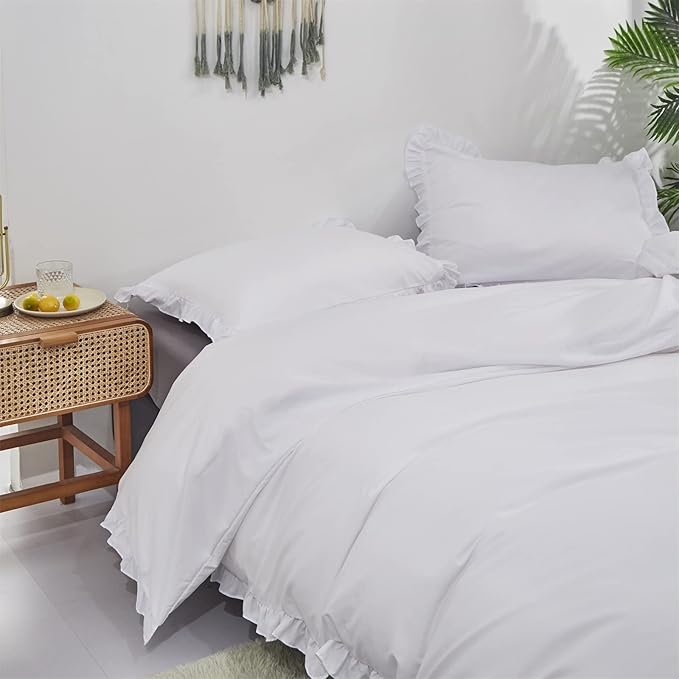 Cottonight White Comforter Set King White Ruffle Bedding Comforter Set Ruffles Farmhosue Boho White Blanket Quilts Rustic Soft Breathable Chic 3PCs Bedding Set for King Bed